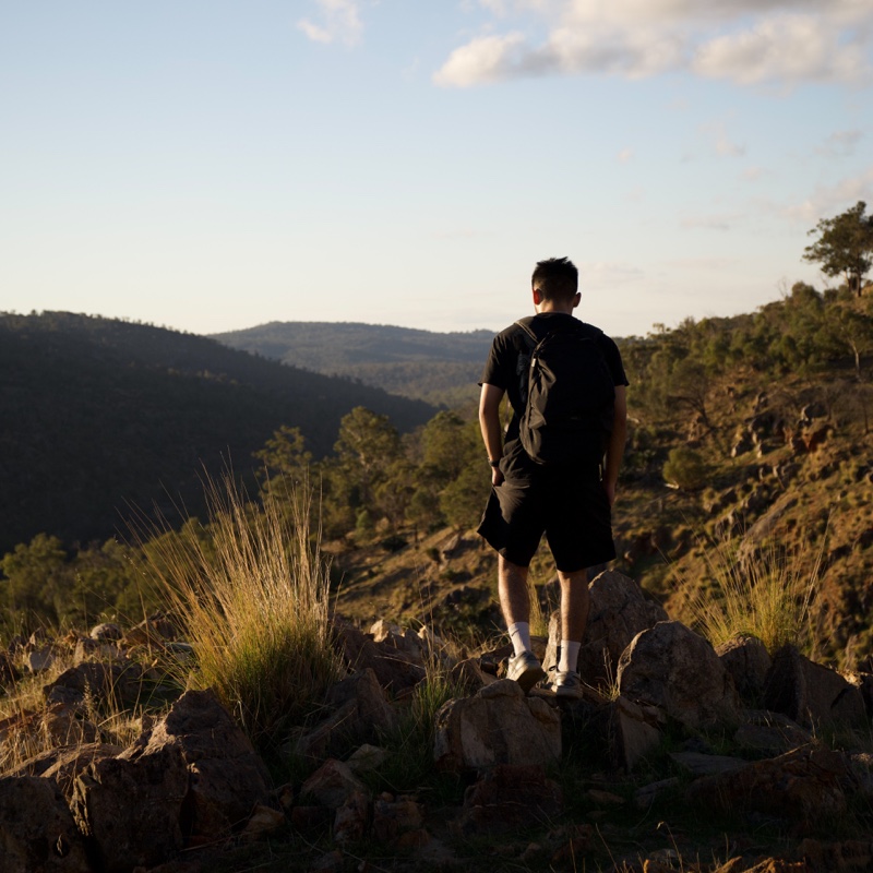 The same person and wooded valley in the original JPEG, without an added preset